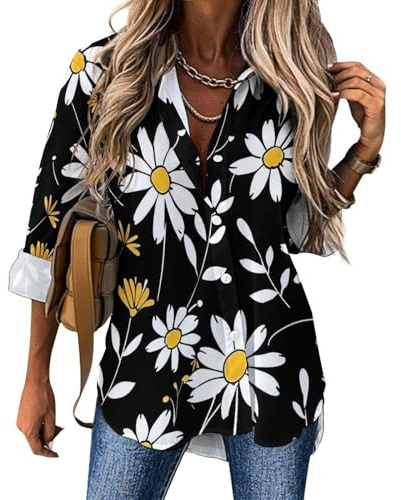 Blusa informal de manga larga con estampado de margaritas blancas y flores en fondo negro para mujer, Estilo:, M