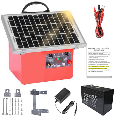 32KM Solar Pastor Electrico con Batería, 9.5KV pastor electrico Cerca eléctrica Controlador para caballos, 0.5J Cerca eléctrica Pastor para Cría de animales pastores, para Granja Pastar Jardín