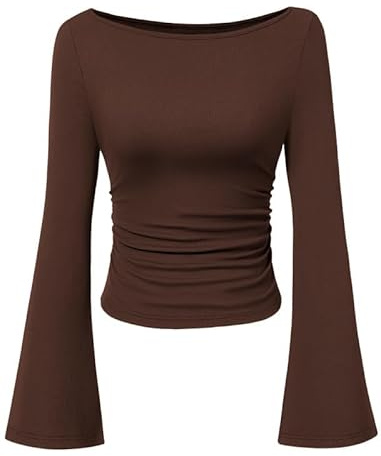 Sukiglam Camiseta Mujer Manga Larga Elegante Cuello Barco Top Ajustado de Punto Canalé Básico Elástico Camisetas Mangas Campana Casual Suave Blusa Cómoda Sexy T-Shirt para Otoño/Invierno