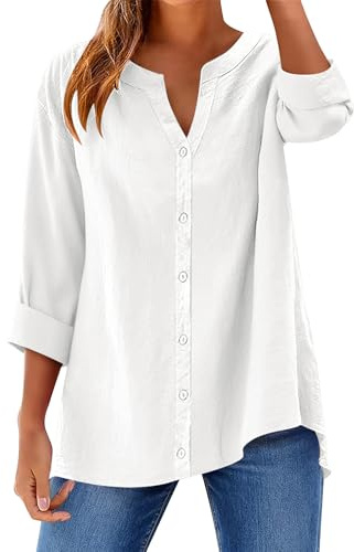 Rapbin Womens Tops Long Sleeve White Blouse Cotton Button Down V Neck Shirt Casual Work Office Clothing Ladies Shirts White L