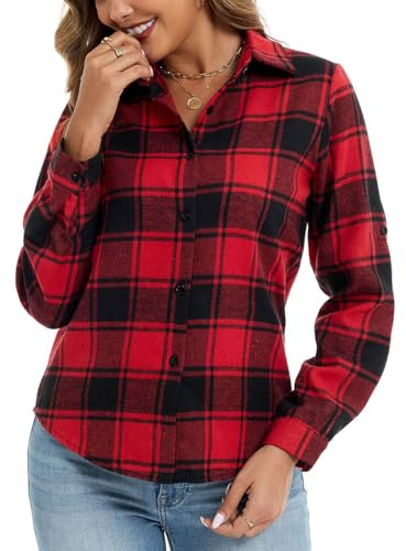 Famrrifuu Donna Classico Bluse e Camicie Quadri Flanella Camicetta Manica Lunga Casual Cotone Shirts Vintage, Rosso Nero, M