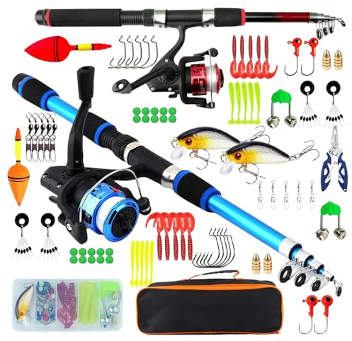 XUXLEKK 1,8M Canna da Pesca Bambino, 2 Set Iniziale di Canna da Pesca per Bambini, Set Completo di Canne da Pesce Telescopica con Mulinello, Esche, Filo, Ami, Kit Portatile per Principianti Bambini