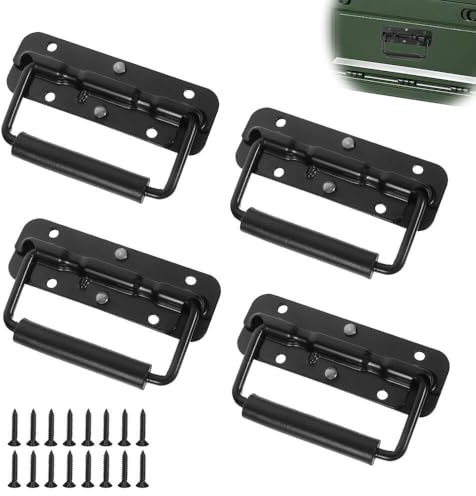 FEIHS 4 Pièces Poignée de Caisse Pliantes 110mm, Poignée Pliante à Ressort, Poignées Pliante Métal - 4 Trous pour Valise, Flight Case, Mallette à Outils, Mallette de Camping, Boîte à Outils (Noir)