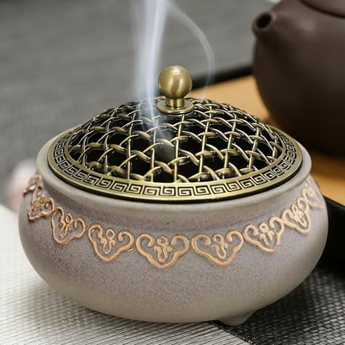 Quemador de incienso de cerámica vintage con tapa de metal, soporte para incienso redondo e ignífugo, porcelana china, cuenco de incienso para el hogar, sala de meditación, salón, oficina