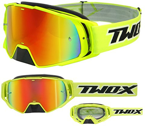 TWO-X Cross-Brille Rocket - Motocross Mit Verspiegeltem Iridium Glas - Motorrad, Enduro & Downhill Schutz-Brille - Neongelb