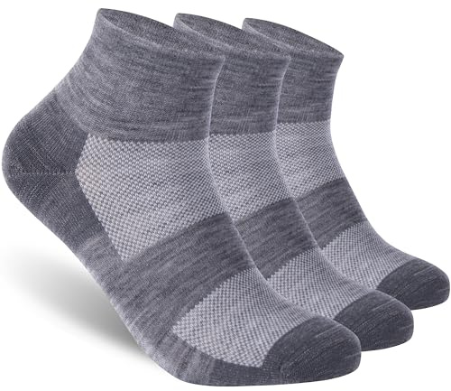 RTZAT 90% Merino Wool Breathable Ankle Socks Men Women 3 Pair Ash Grey S