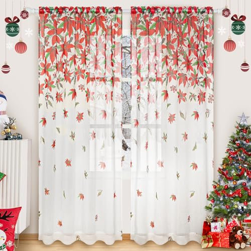 Jul Ombre genomskinliga gardiner julgardiner 213 cm längd för vardagsrum jul julstjärna tryck gardiner halvvoile lätt filtreringsstång fickgardiner för sovrum, 132 cm x 213 cm, 2 paneler