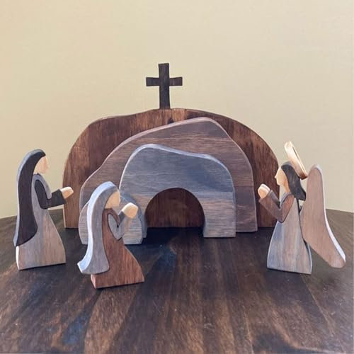 LEMCC Ostern-Auferstehungsszenen-Set, Hölzerne Auferstehungsszenen-Dekoration, Osterszenen-Krippenset, Religiöse Handgefertigte Osterfigur, Christliche Jesus-Krippendekorationen