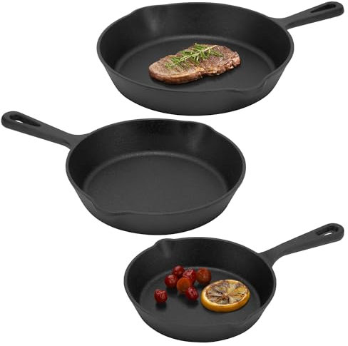 Navaris Juego de Sartenes Hierro Fundido - 3X Sarten Hierro Fundido Induccion Vitrocerámica Horno Cocina de Gas - Juego Sartenes Hierro Fundido Antiadherente de 15cm 20cm y 25cm