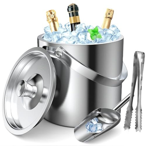 GMGXX Seau à glaçons en acier inoxydable de 2 l avec design à double paroi, pelle à glace et pinces