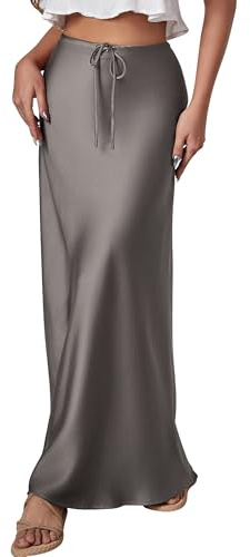 FEOYA Lång fläckig kjol för kvinnor, hög midja, maxikjol med dragsko, blommig, elegant, silke, satinkjol, fest, cocktail midi-kjolar, 02 grå, XL