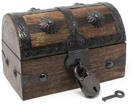 Nautical Cove Keepsake Wooden Treasure Chest with Antique Jewelry Lock and Key (Small 5x3x3.25) – Decorative Box, Pirate Wooden Chest, Wood Box with Lid, Rustic Storage Chest