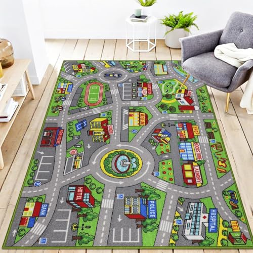 Capslpad Car Play Mat 100x160cm Non-Slip Kids Rug City Town Map Interactive Play Carpet Machine Washable Creative Educational Boy Girl Play Mat for Kids Teenager Room Nursery Playroom Decor, Green