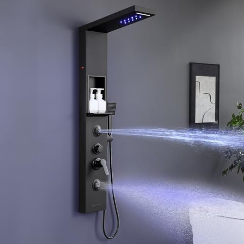 KINKIBOS LED Duschpaneel mit Armatur und Ablage Schwarz, 6 Funktionen Duschsäule Regen&Wasserfall Dusche, 2-Mode-Massagedüse, Handbrause und Wasserfall-Wanneneinlauf, Edelstahl
