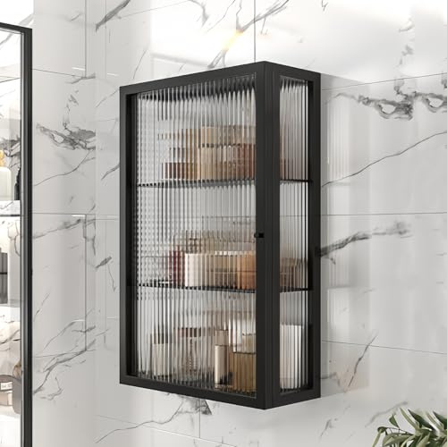 Kferfft Bathroom Wall Cabinet 20 Inch Over The Toilet Metal Storage Cabinet with Glass Door, Wall Mounted Medicine Cabinet for Bathroom Laundry Room Bedroom (Black, 23.6x19.7x6IN)