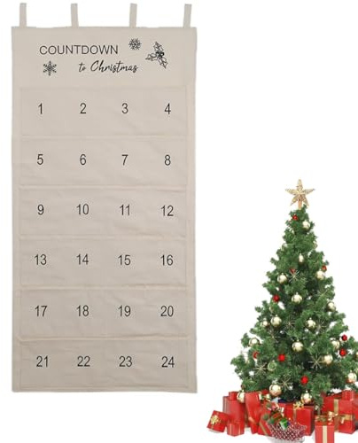 Calendario de Adviento con 24 bolsas de tela, reutilizable calendario de Navidad, calendario de Adviento para colgar, decoración de Navidad, tela para rellenar, accesorios de fiesta (blanco)
