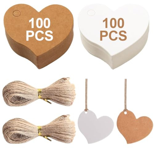 Etichette di Carta Cuore, 200pcs Etichette Regalo di San Valentino, Etichette Carta Kraft con Corda, Adatta per Compleanno, Matrimonio, Decorazione Regalo