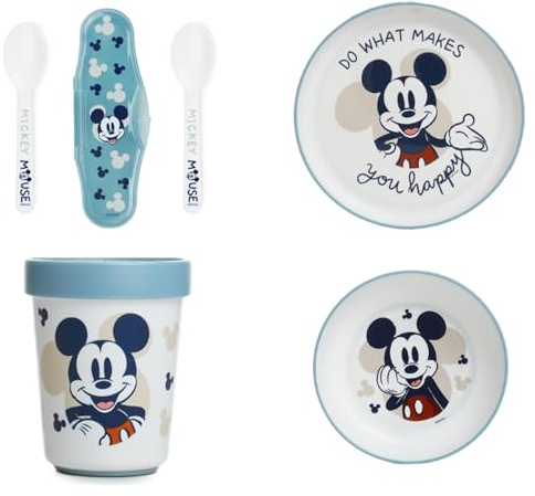 THERMOBABY Coffret repas Mickey 5 pièces - Bleu | Coffret repas avec bol, assiette, gobelet et couverts, compatible micro-ondes, dès 10 mois.