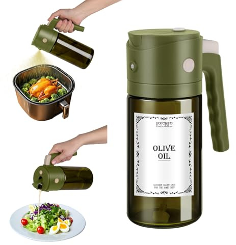 hoforife Bottiglia spray per olio d'oliva in vetro, 552 ml, dispenser 2 in 1 per olio d'oliva per cucinare, gadget da cucina per friggitrice ad aria (blocco leggero)