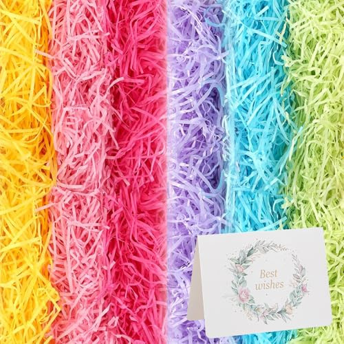 300g Shredded Paper for Gift Boxes, 6 Colors Shredded Coloured Paper, Packaging Material Filling Material Confetti with 1 Greeting Card for Gift Baskets, Party Decorations
