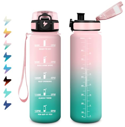 Borraccia 1 Litro, Bottiglia Motivazionale con Filtro, a Prova di Perdite, Bottiglia Acqua Sportiva con Indicatore del Tempo, Facile da Aprire, Borraccia Palestra per Fitness, Viaggi, Scuola
