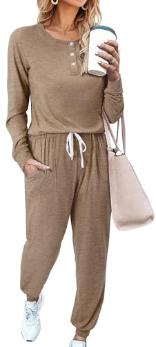 Magritta 2 Piece Outfits Women Lounge Sets Long Sleeve Tracksuit Casual Oversized Co Ord Sets Workout Activewear Tops and Loose Trousers Gym Clothes Fall Winter Pajamas Khaki X-Large, 18-20