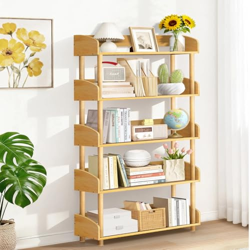 OUTONLIFE 5-Tier Wooden Open Bookcase, Modern Display Bookshelf with Solid Wood Frame and Rounded Corner Design, Storage Organizer for Living Room, Bedroom, Home Office, Balcony