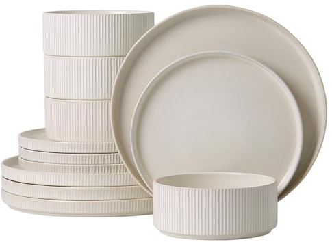 ALOFMO Dinnerware Set Service for 4, 12-Piece Ceramic Plates and Bowls Set, Chip & Scratch Resistant, Microwave and Dishwasher Safe, Modern Minimalist Tableware for Everyday Use, Matte White