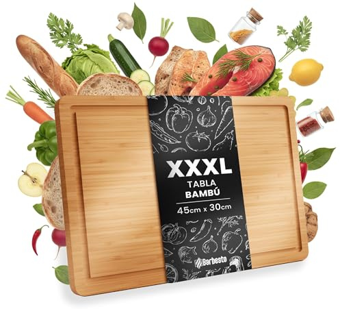 CLP Grande Planche à découper en Bois XXXL 45 x 30 cm, Planche de Cuisine en Bambou avec rigole à jus, Planche antibactérienne, Taille:45x30 cm