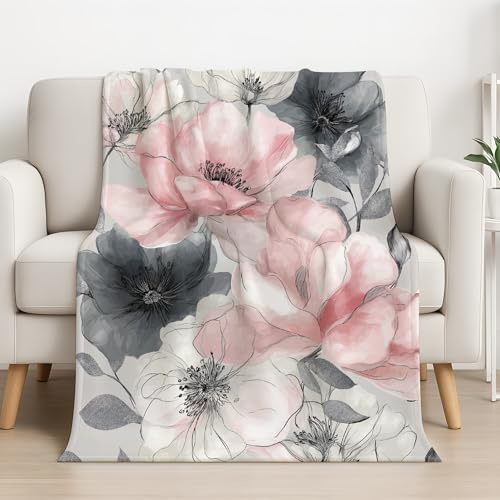 Generisk mysig fleecefilt akvarell fleecefilt mild fräsch blommor SNARCHECKA soffa filt för soffa/säng/soffa filt 150 cm x 150 cm, rosa grå