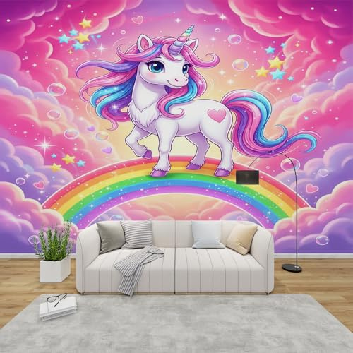 AevuCub Tapete Einhorn Mädchen, Fototapete Regenbogen Schlafzimmer, Tapeten Vliestapete Sterne Wolken Wohnzimmer, Wandtapete Kinderzimmer Rosa Wanddeko, Mustertapete Vlies 200 x 140 cm (B x H)