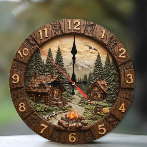 Lancholy 12-Inch Wooden Wall Clock, Rustic Cabin Mountain Scene Wall Clock Wood Log Cabin Home Decor Silent Movement, Perfect for Living Room Bedroom Bathroom Home Decor
