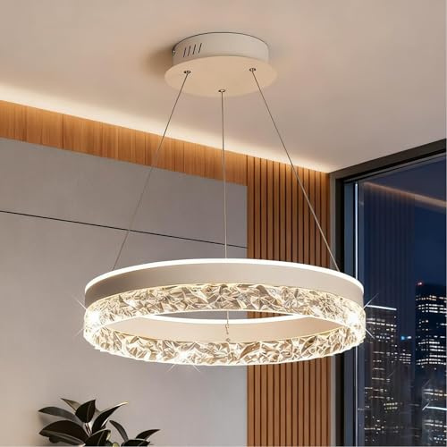 XKLYO Lampadario LED a Sospensione Moderno Ø50cm Cerchio con Cristalli - Dimmerabile con Telecomando, Luce Regolabile 3000K-6400K, Altezza Regolabile per Soggiorno, Sala Pranzo, Camera (Bianco)