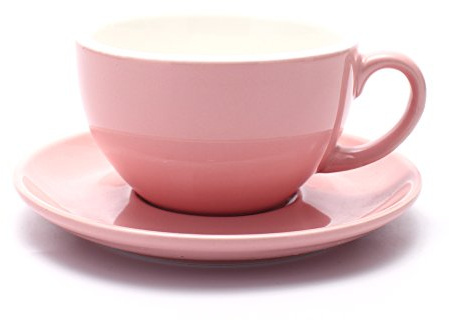 Coffeezone Latte Art Cup and Saucer for Latte & Cappuccino & Double Espresso, New Bone China, Mate for Coffee Shop and Barista (Glossy Pink, 10.5 oz)