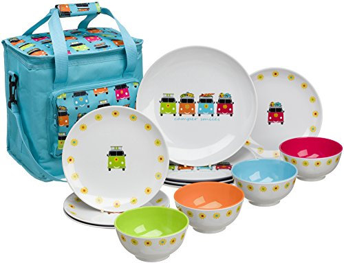 Flamefield CAM0113 Camper Smiles - Juego de comedor (melamina, 12 piezas, incluye bolsa refrigeradora), multicolor