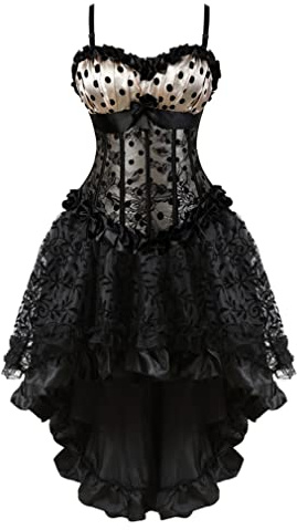 Grebrafan Steampunk Corset with Skirt Polka Dot Corsets Bustiers for Women (UK(14-16) 2XL, Beige)