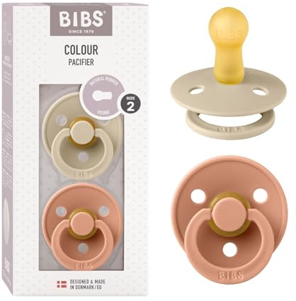 BIBS Colour Soother 2-Pack, BPA Free Dummy Pacifier, Round Nipple. Natural Rubber Latex, Size 2 (6-18 Months), Vanilla/Peach
