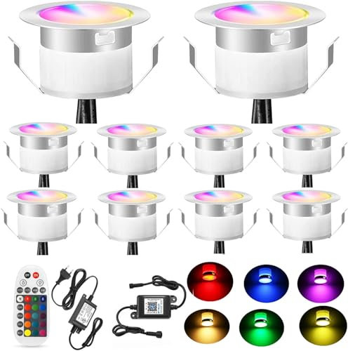 SUBOSI Lot de 10 luminaires encastrés au sol Bluetooth RGBWW LED extérieur 1.2W Ø45mm IP67 étanche LED spots encastrés patio cuisine jardin lampe led kit complet
