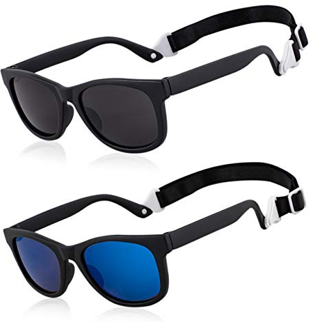 MAXJULI Baby Infant Sunglasses Safe, Soft, With Adjustable Strap 0-24 Months BPA Free (Black/Black+Black/Blue)