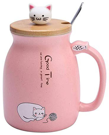 Sharemee - Tasse en céramique chat mignon avec cuillère et couvercle en bois de chat en trois dimensions, tasse à café, tasse à thé, tasse à lait pour le cadeau, rose 450ml/15oz