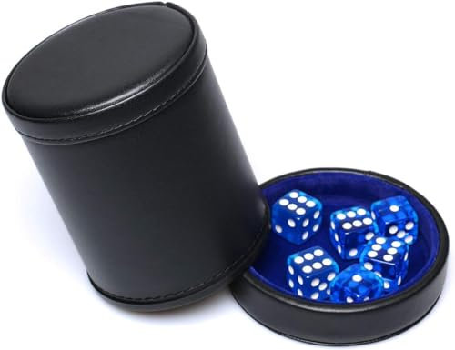 Würfelbecher aus PU-Leder mit passendem Deckel, inklusive 6 durchsichtigen blauen Würfeln, filzgefütterter Würfelbecher-Set für Liars Farkle Yahtzee Würfelspiele