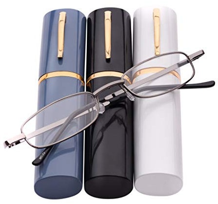 Fads & Fashions 2 x PAIRS MIX N MATCH Pen Holder Gunmetal Grey Frame Compact Reading Glasses with Case MT74 (1 x Silver 1 x Grey, 4.0)