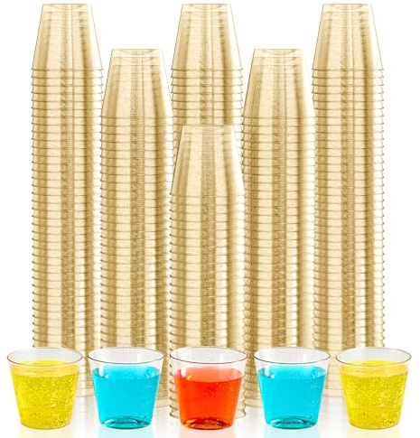 JOLLY CHEF 500 Pack 1 oz Shot Glasses, Gold Glitter Elegant Party Cups Tumblers, Disposable Cups with Glitter for Wedding, Thanksgiving Day, Christmas Halloween Party