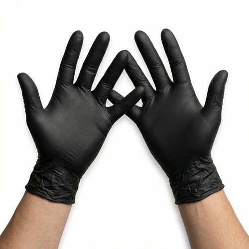 KMINA Nitrile Gloves, Multipurpose, Powder Free and Latex Free Disposable Gloves, Black (200, Medium)