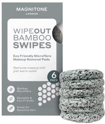 Magnitone WipeOut Bamboo Swipes Eco Friendly Microfibre Makeup Remover Pads, Remove Makeup with Water, 6x Reusable Removal Cleansing Pads, Use on Sensitive Skin, Eyes and Lips, No Cleanser Needed