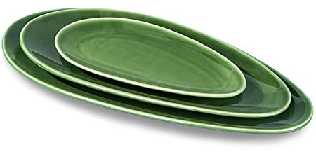 vicrays Large Oval Serving Platters, 16/14/10 Porcelain Serving Platters for Party, BBQ,Stackable Serving Trays Serving Plates for Appetizers, Sushi, Restaurant, Set of 3 (Green)