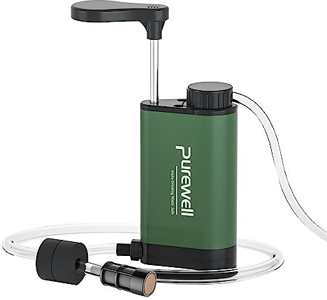 Purewell Edelstahl-Wasserfilterpumpe mit austauschbarem Kohlenstoff 0,01 Mikron Wasserfilter, 3 Filterstufen, tragbare Outdoor-Notfall- und Überlebensausrüstung - Camping, Wandern, Rucksackreisen