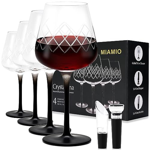 MIAMIO - 480 ml Rotweingläser, 4er-Set große Weingläser/Kristallweingläser mit schwarzem Stiel + Weinstopper & Luftsprudler - Crystaluna Collection