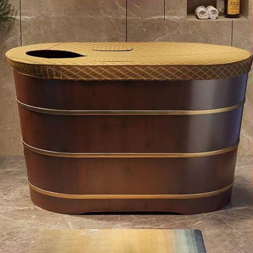MegLob Luxury Wooden Freestanding Bathtub, Compact Solid Wood SPA Deep Soaking Tub Lit, Cedar Wood Soaker with Tub Stool, Mobile Bathtub for Tiny Small Bathroom, Pop-Up Drain,110cm/43.31,With lid