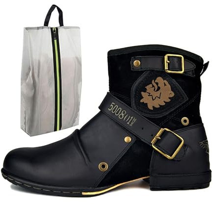 CaiHmnsa Moto-Stiefel for Herren, Stiefeletten, modische Lederstiefel mit Reißverschluss, Freizeitschuhe, wasserdichte Motorradstiefel, Westernstiefel, Übergröße(Black,EU 43)